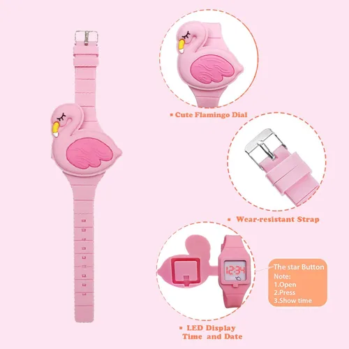 Vista 3 de Reloj de aprendizaje para niñas pequeñas de 3 a 8 años, 3D lindo diseño de caricatura de flamenco rosa con diseño de concha para niños, reloj