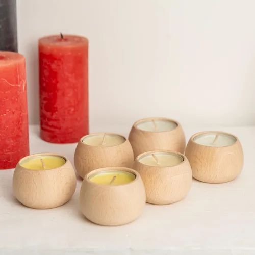 Vista 5 de Portavelas de madera hechos a mano para velas votivas y velas de té, juego de 6