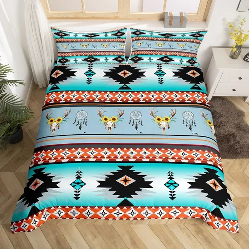 Vista 10 de Erosebridal Juego de funda de edredón estilo bohemio occidental tamaño individual, diseño de vaca atrapasueños del suroeste, juego de ropa de cama