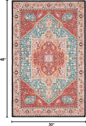Vista 2 de SAFAVIEH Alfombra lavable Tucson Collection - 2 pies 6 pulgadas x 4 pies, aguamarina y óxido, antideslizante y fácil de limpiar, ideal para sala