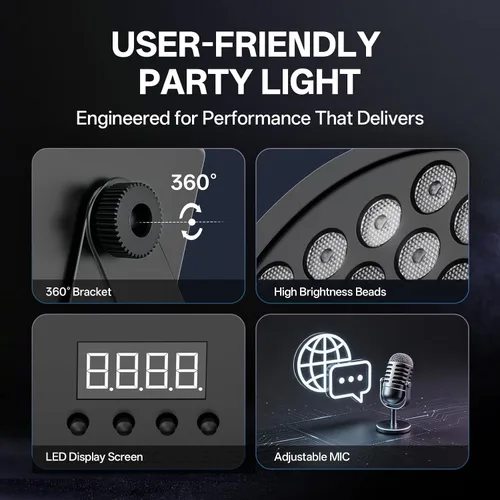 Vista 5 de U`King - Luces LED Par para DJ, luz de escenario con cable, RGB, 36 LED con control activado por sonido, iluminación de escenario para DJ, para 2