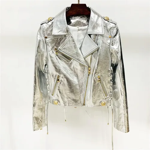 Vista 2 de Chaqueta de cuero plateado de metal para mujer, con cremallera, ropa de abrigo para moto