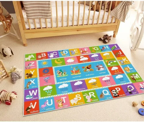 Vista 3 de ABC - Alfombra del alfabeto con animales, clima y estaciones, divertida alfombra de aprendizaje educativa para dormitorio de niños, guardería