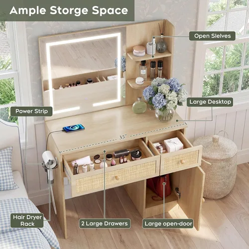 Vista 4 de Yechen - Tocador de 35" estilo bohemio con espejo iluminado con LED y regleta de enchufes, juego de mesa de maquillaje de madera con cajones