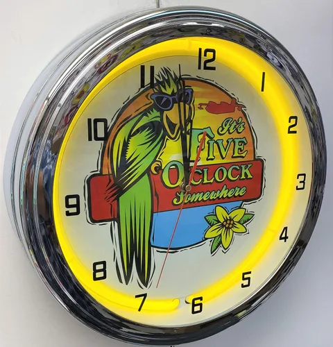 Vista 2 de 16" It's 5 O'Clock Somewhere Reloj de pared de neón amarillo Garage Man Cave