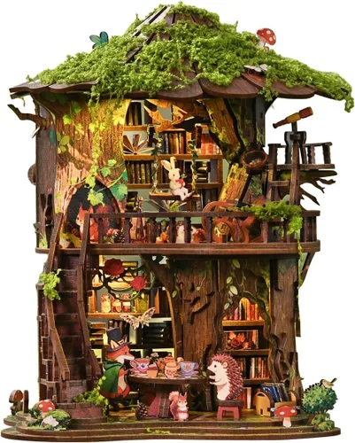 Vista 13 de Kit de rincón de libros de biblioteca antigua, rompecabezas 3D de madera con luz LED, modelo de estantería en miniatura, decoración cultural