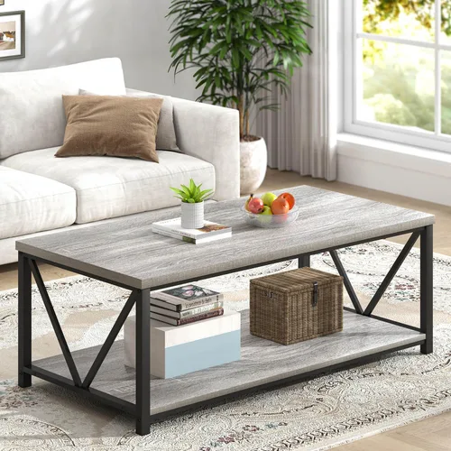 Vista 14 de FOLUBAN Mesa de centro con almacenamiento, mesas centrales pequeñas modernas para espacios pequeños, mesa de cóctel de madera rústica y metal