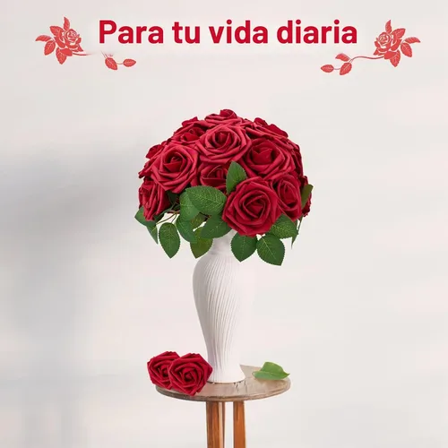 Vista 8 de 100 rosas artificiales de espuma roja oscura de aspecto real con tallos Rojo oscuro