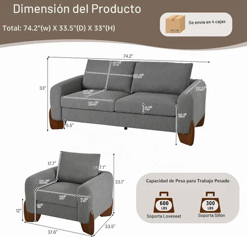 Vista 2 de Moderno juego de sofá de 3 piezas, 1 sofá biplaza y 2 sillones, juego de muebles modulares de sala de estar, tapicería Boucle, marco de sofá