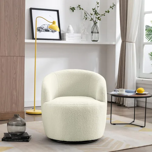 Vista 4 de JEEOHEY Silla giratoria con diseño de barril para sofá, moderna tela de peluche, silla giratoria de 360 grados, silla pequeña para guardería, sala