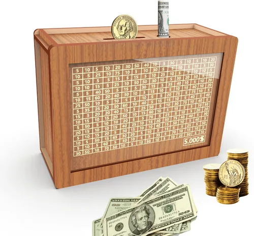 Vista 9 de Alcancía para adultos y niños, banco de monedas de madera para niños y niñas, caja fuerte de efectivo caja de ahorro de dinero con contador, caja