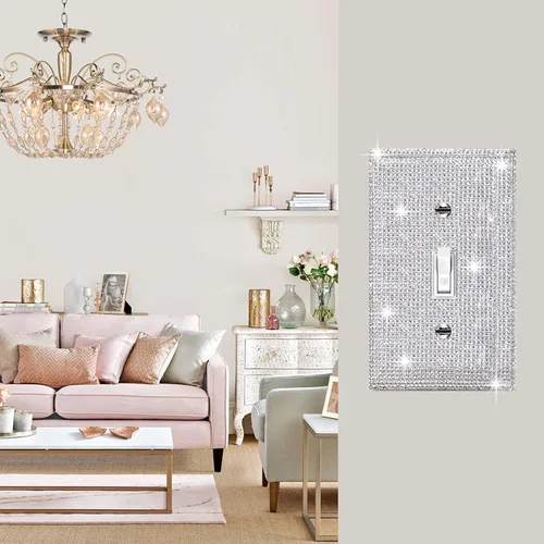 Vista 4 de 1 pieza de cubierta de placa de pared con diamantes de imitación brillantes plateados, cubierta decorativa para interruptor de luz con brillos
