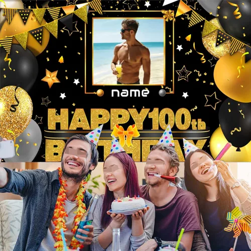 Vista 6 de Cartel decorativo personalizado de feliz cumpleaños número 100 - Personalización disponible - Negro y dorado - Tamaño grande - Admite fotos