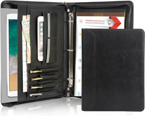 Vista 12 de AZXCG Padfolio - Carpeta de 3 anillos para mujer, carpeta de negocios de cuero vegano con cremallera, organizador de cuadernos de documentos