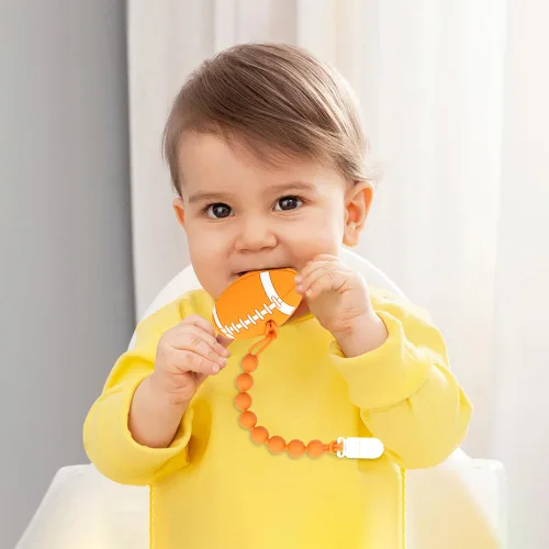 Vista 7 de Pelota deportiva de silicona de grado alimenticio para bebés con soporte para chupete, juguetes para aliviar el dolor de dentición, juego de regalo