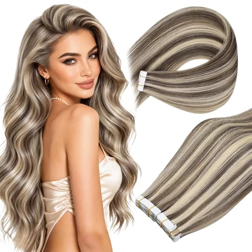 Vista 32 de Ve Sunny Extensiones de cabello humano real con cinta, cabello humano Remy, lacio, doble cara, color marrón oscuro, balayage, rubio dorado oscuro