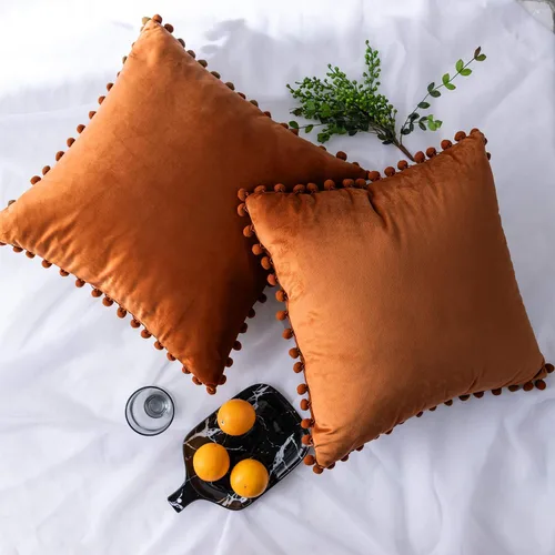 Vista 14 de Juego de 2 fundas para cojines decorativos de terciopelo sólido suave con borde de pompones