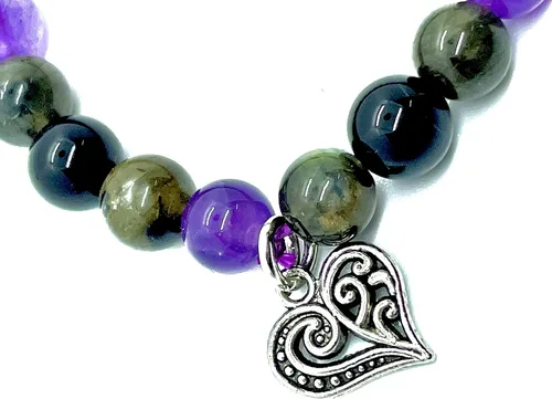 Vista 3 de DCE - Pulseras de triple piedra de protección óptima. Pulsera elástica de cristal curativo con cuentas de turmalina negra con dije de corazón por