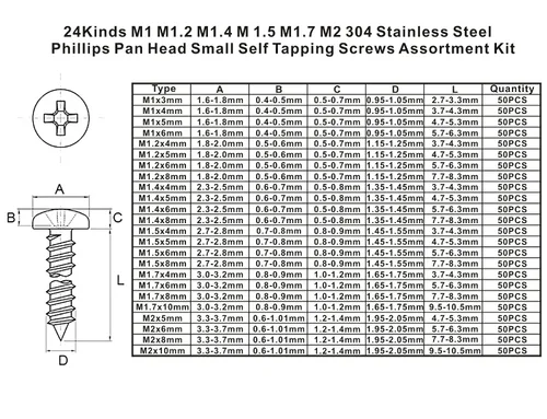 Vista 5 de 24 tipos de tornillos pequeños M1 M1.2 M1.4 M1.5 M1.7 M2, acero inoxidable 304, cabeza Phillips, plana, autorroscantes, kit de surtido M1 M1.2