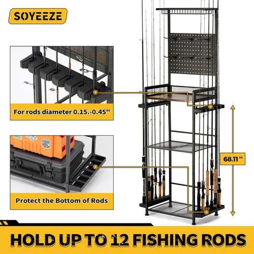 Vista 4 de SOYEEZE Soporte para caña de pescar para garaje, resistente soporte para caña de pescar de 4 niveles con capacidad para hasta 12 cañas con tablero