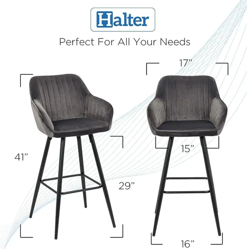 Vista 2 de Halter Taburete de bar con soporte trasero y reposapiés, taburetes de bar modernos tapizados para encimera de cocina, tela gris de felpa y marco