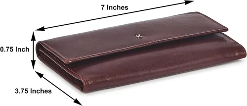 Vista 6 de Zinda Genuine Leathers Cartera larga con solapa triple y protección RFID para mujer, Marrón, Cartera para mujer