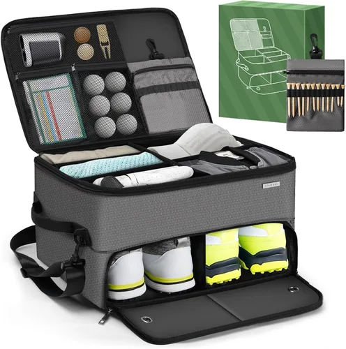 Vista 8 de Organizador de maletero de golf para coche SUV con compartimento para zapatos y divisor Bolsa de almacenamiento de golf de 2 capas para bolas