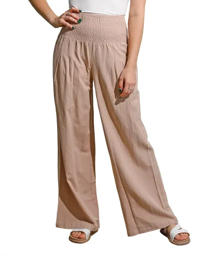 Vista 4 de utcoco Pantalones palazzo de lino de pierna ancha para mujer, estilo casual, cintura elástica, ajuste holgado