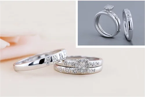 Vista 2 de Dazzlingrock Collection Round White Diamond Halo Illusion Wedding Trio Ring Set For Men & Women (0.10 ctw, Color I-J, Clarity I2-I3) in 925 Sterling