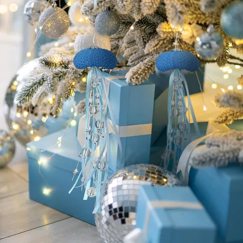 Vista 4 de Namalu 6 piezas de adorno de Navidad de erizo de mar y medusa con cuentas costeras, decoración festiva de playa con temática de océano, adorno Azul