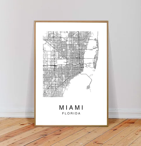 Vista 5 de Miami Map Wall Art Poster Print Florida USA City Map Street Black & White