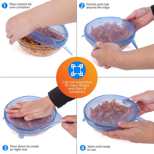 Vista 3 de Kitchen + Home - Juego de 10 tapas elásticas de silicona para guardar alimentos, sin BPA, aptas para lavavajillas, microondas, horno y congelador