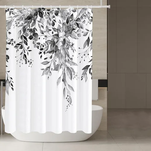 Vista 3 de Tititex - Juego de cortinas de ducha de eucalipto negro, hojas de acuarela gris en la parte superior, con decoración floral de baño, 60 x 72