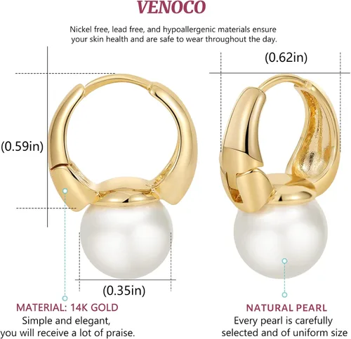 Vista 6 de VENOCO Pendientes de perlas delicadas para mujer, aretes de perlas barrocas de oro, aretes de aro de perlas elegantes de plata para novia