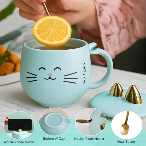 Vista 6 de Yuwu Taza de café de cerámica con cuchara y tapa, taza de 13.5 onzas con tapa de soporte para teléfono, bonita taza de té para mujeres y entusiastas