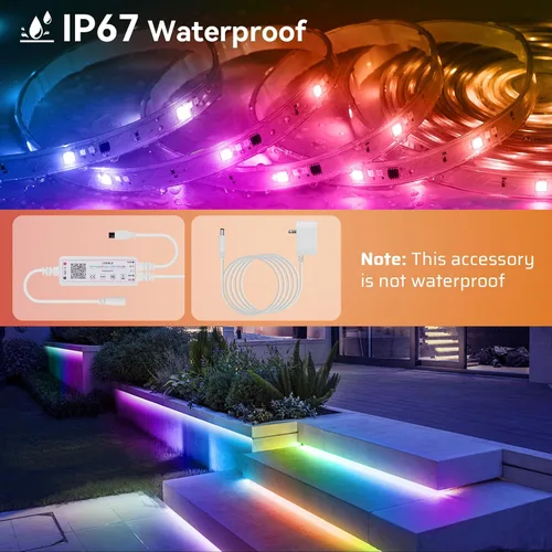 Vista 4 de Tira de luces LED RGBWW+IC de 50 pies para exteriores, IP67, impermeable, multicolor+3000K-6500K 24V luces LED con control remoto y aplicación