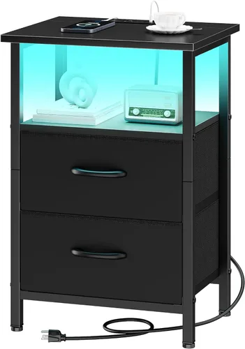 Vista 20 de Vagusicc Nightstand with Charging Station, End Table Bedside Table with 2 Fabric Drawers, Black Night Stand with USB Ports & Outlets, 24.2" Tall Bed