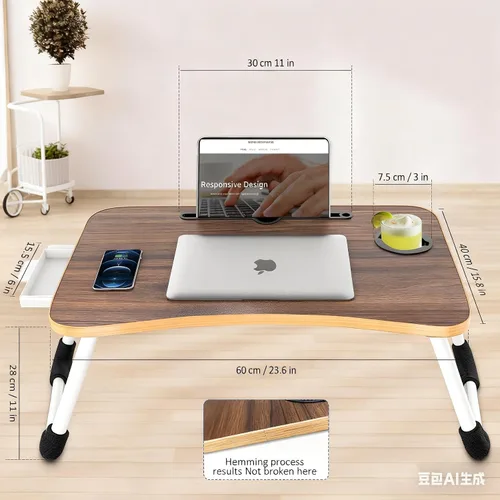 Vista 4 de Fayquaze - Escritorio portátil plegable para cama con cajón de almacenamiento y portavasos - Escritorio de regazo para portátil, soporte y bandeja
