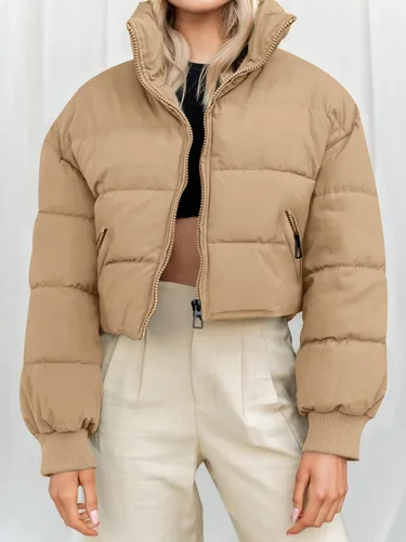 Vista 7 de MEROKEETY Women's Winter Cropped Puffer Jacket Long Sleeve Oversized Stand Collar Zip-Up Short Down Coat