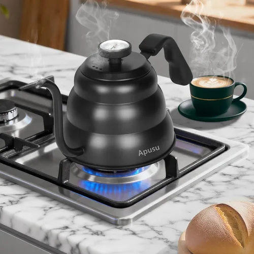 Vista 5 de Hervidor de Vertido para Café de Goteo Manual y Té con Termómetro 28oz Hervidor de Cuello de Cisne con Control de Flujo Hervidor de Agua de Acero