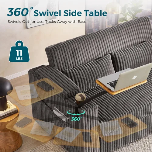 Vista 4 de LINSY HOME Sofá cama extraíble 3 en 1, sofá cama convertible de 58 pulgadas para sala de estar, mesa giratoria de 360°, reposabrazos de Gris
