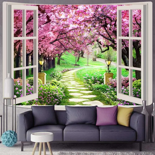 Vista 2 de Tapiz japonés de flores de cerezo para ventana, camino de bosque de árboles, flores rosas, botánico, floral, paisaje natural, estético para sala