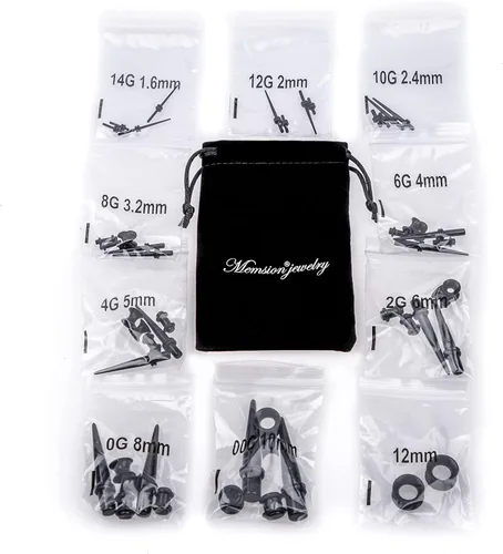 Vista 7 de Kit de Estiramiento de Orejas 50 Piezas 14Calibres-00Calibres Aretes Kit de Piercing Negro