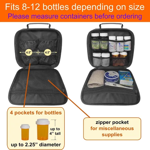 Vista 2 de Organizador de botellas de píldoras de viaje mediano, bolsa de medicina delgada, portador para medicamentos y suministros médicos - negro
