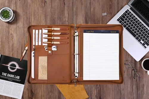 Vista 4 de Carpeta de piel auténtica para negocios, cartera de 3 anillas, carpeta de negocios con cremallera para hombres y mujeres, color marrón, Marrón