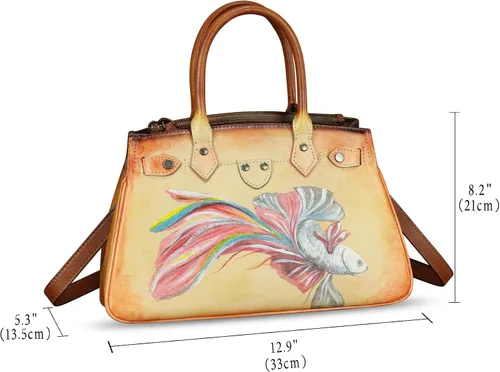 Vista 5 de Bolso de cuero genuino para mujer, pintado a mano, bolso de mano con asa superior, bolso cruzado hecho a mano, bolso de trabajo