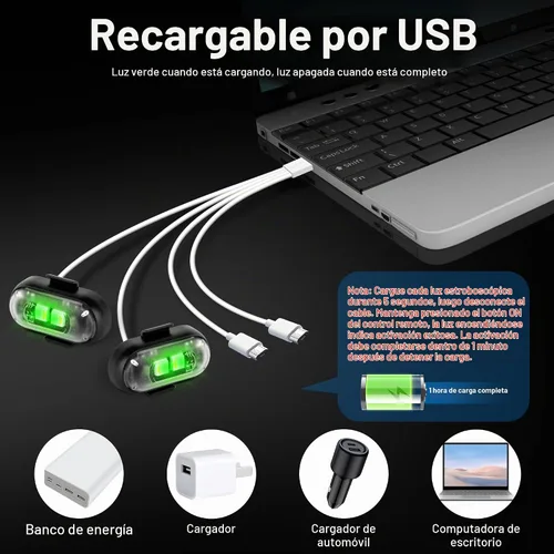 Vista 3 de Luces LED inalámbricas para coche 8 piezas con control remoto, luces LED estroboscópicas inalámbricas 8 colores con carga USB, IP65, impermeables