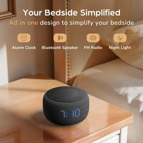 Vista 7 de BUFFBEE Reloj despertador con altavoz Bluetooth con radio FM, sonido de alta fidelidad, atenuador de rango completo, radio despertador enchufado