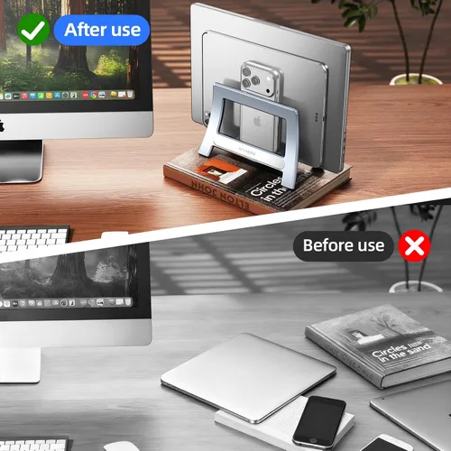 Vista 7 de Soporte vertical para laptop para escritorio, soporte para MacBook con bloqueo automático por gravedad, soporte vertical de plástico ABS compatible