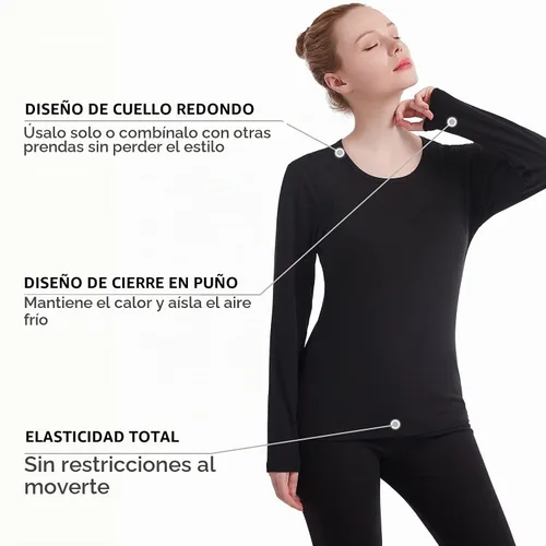 Vista 4 de Ropa interior térmica para mujer, conjunto de pijamas de manga larga, calzoncillos largos, capa base sólida ultra suave, regalos con caja Negro